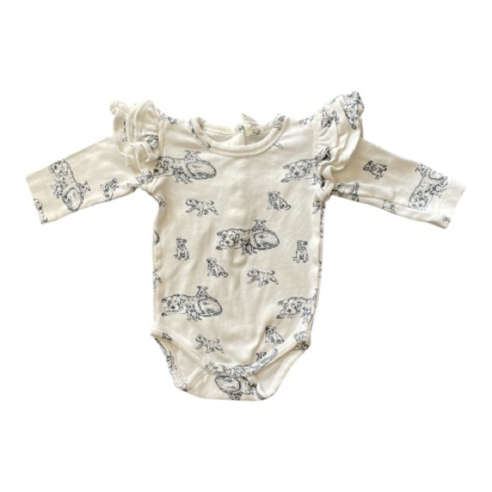 #120, kate quinn ruffled long sleeve bodysuit with dog print, size 6-12 mo
